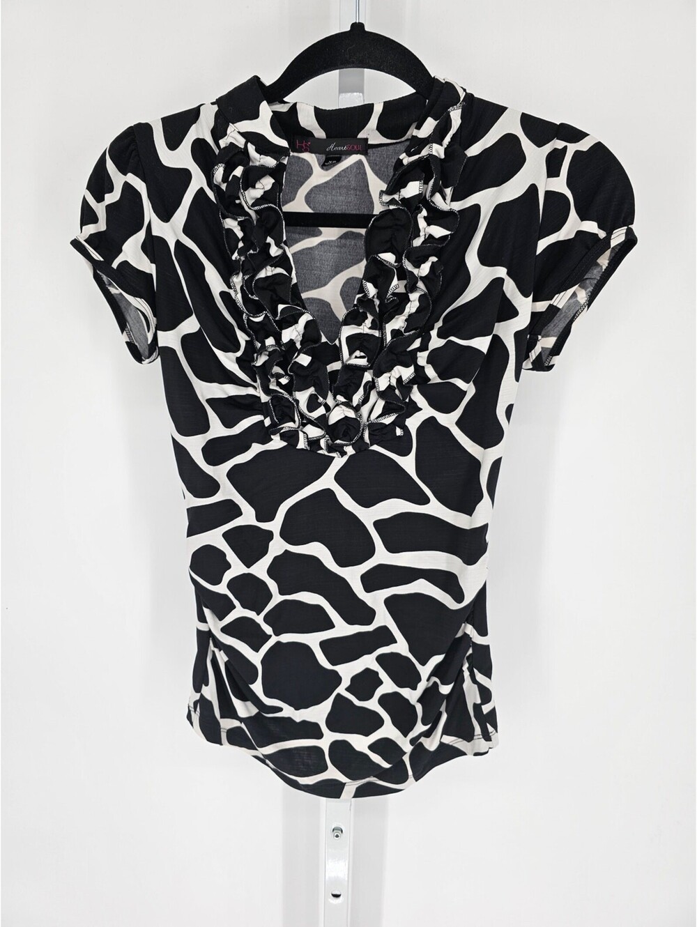 Heart Soul Women's Black & White Animal Print Ruffle Scoop-Neck Blouse Size XS